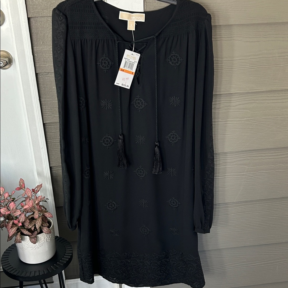 NWT MICHAEL Michael Kors Black Embroidered Long Sleeve Dress